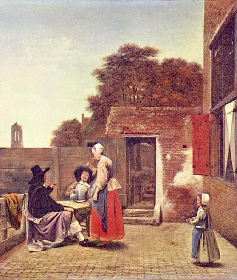 Hof mit zwei Offizieren und trinkender Frau, Pieter de Hooch